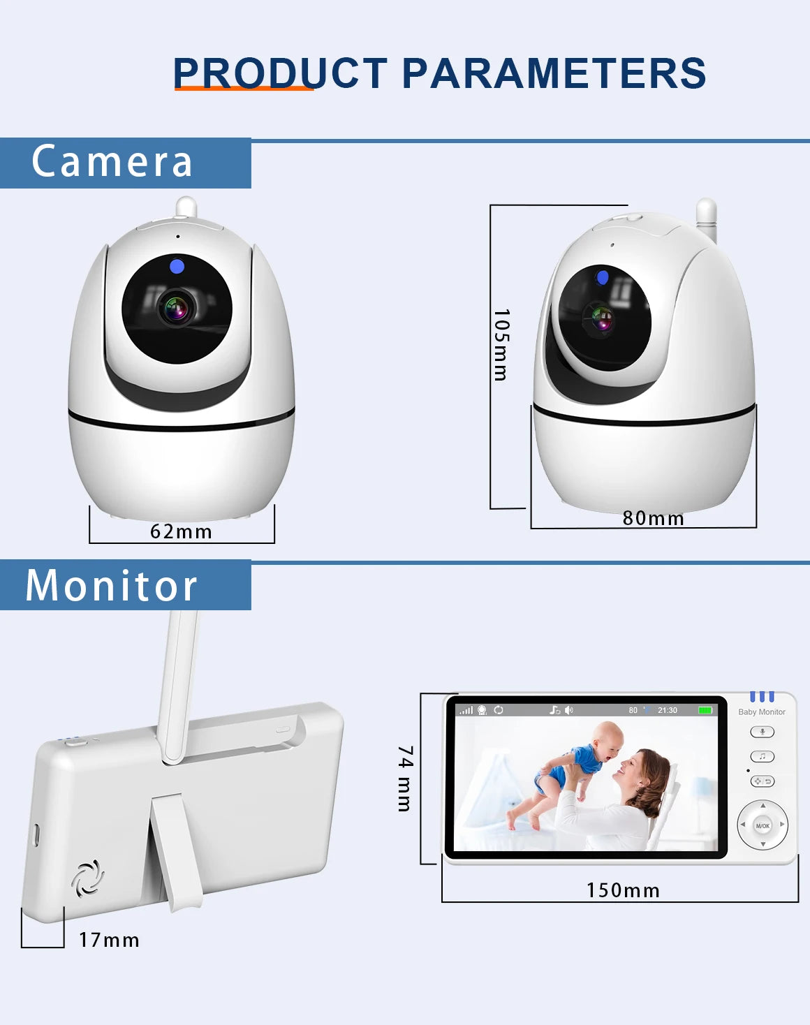 Babyphone avec Caméra PTZ sans Wifi – Zoom, Température & Berceuse