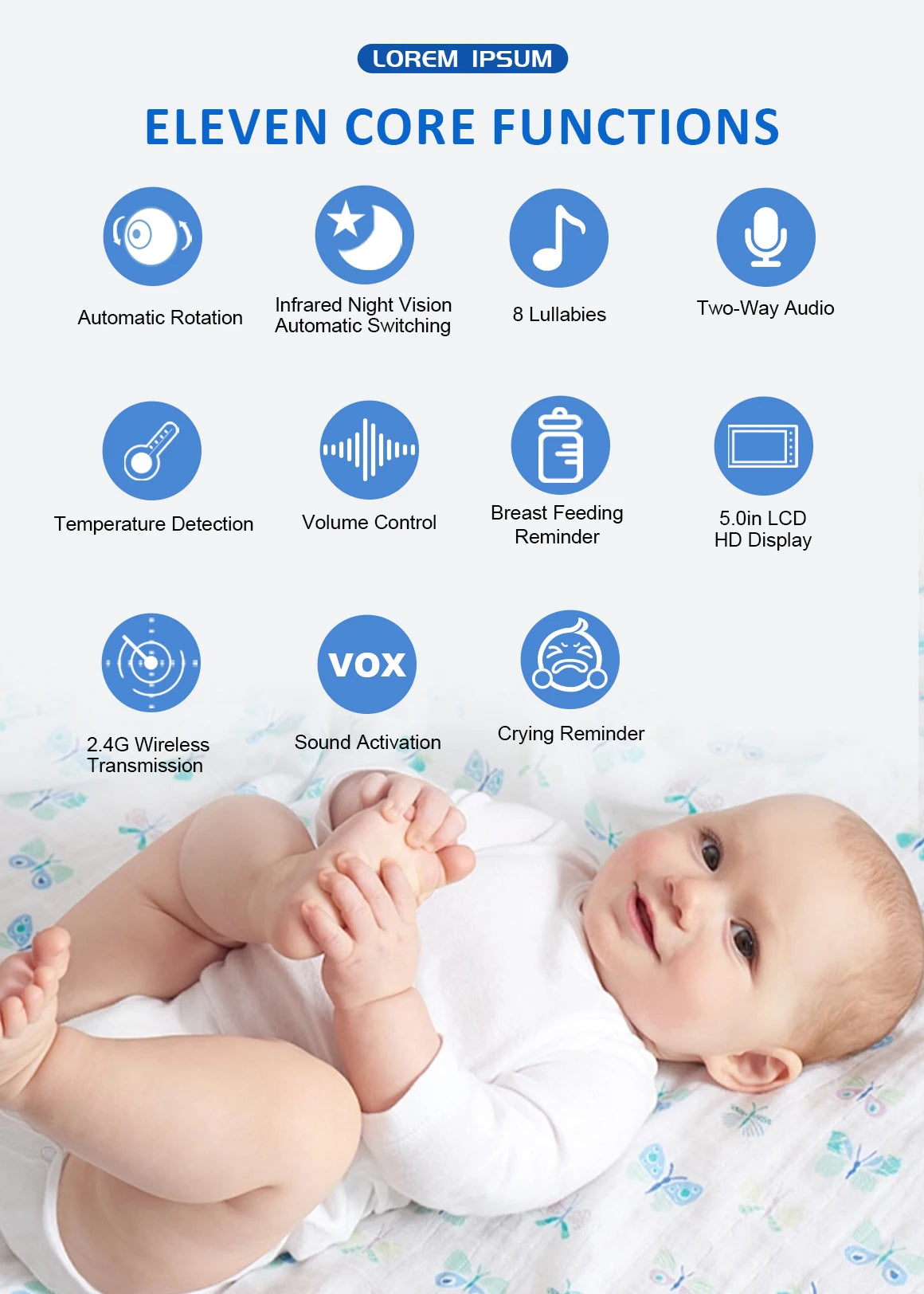 Babyphone avec Caméra PTZ sans Wifi  – Zoom, Température & Berceuse