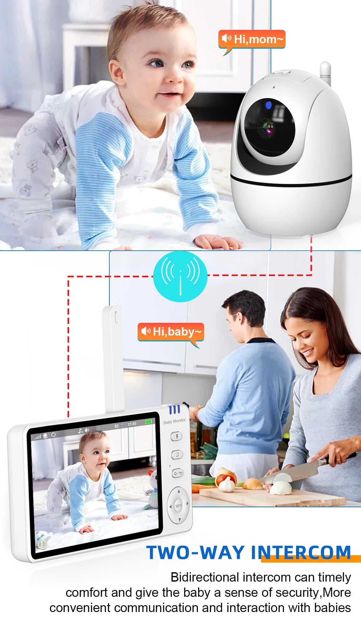 Babyphone avec Caméra PTZ sans Wifi  – Zoom, Température & Berceuse