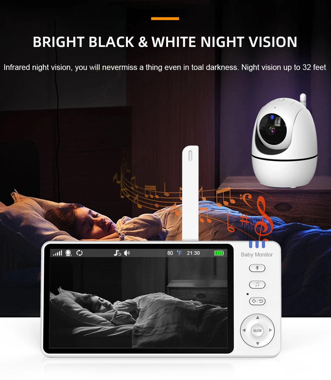 Babyphone avec Caméra PTZ sans Wifi  – Zoom, Température & Berceuse