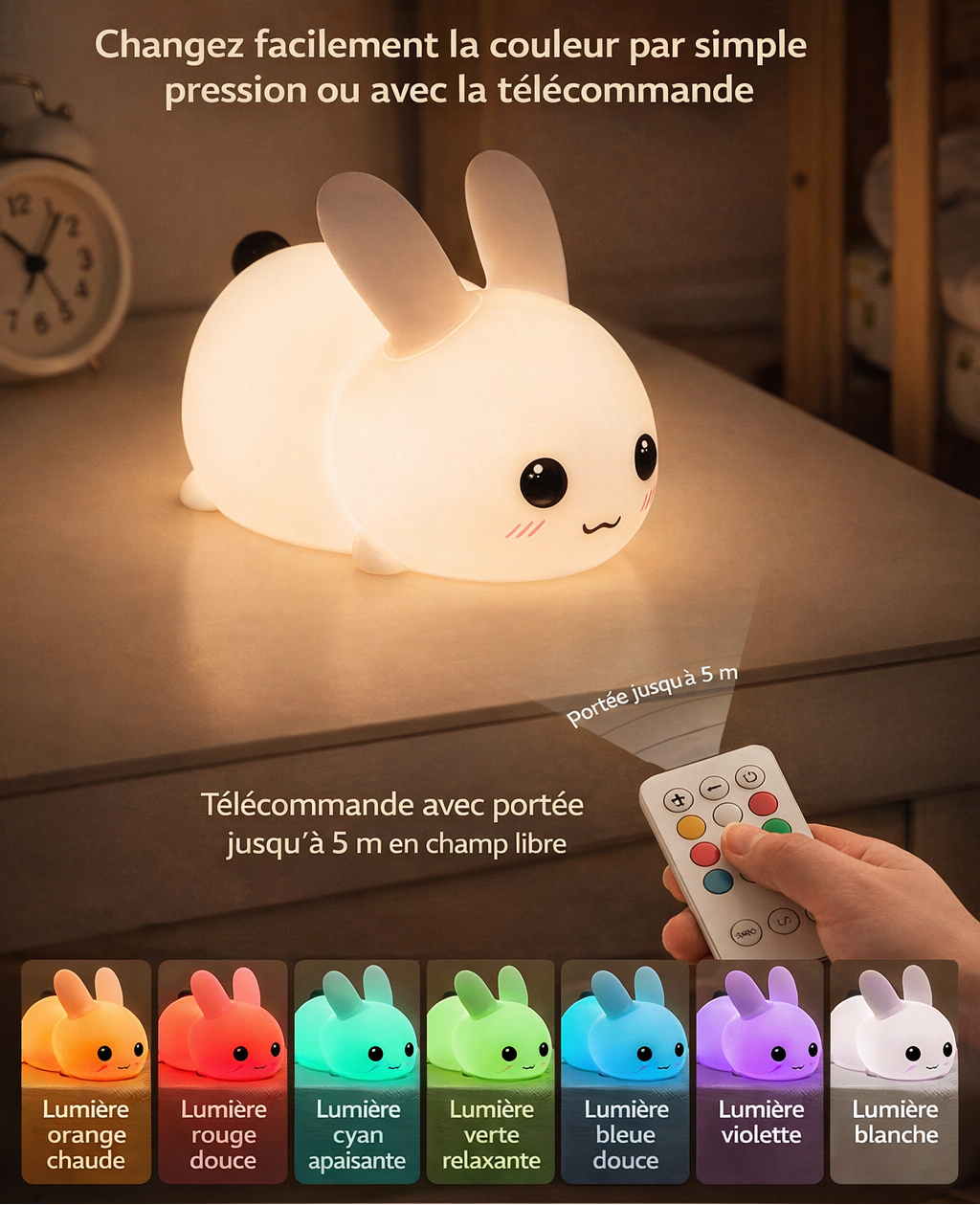 Veilleuse Bébé lapin LED rechargeable avec Télécommande